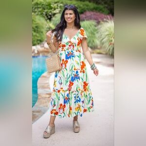 THML Colorful Floral Maxi Dress White Multicolor Womens Size Large